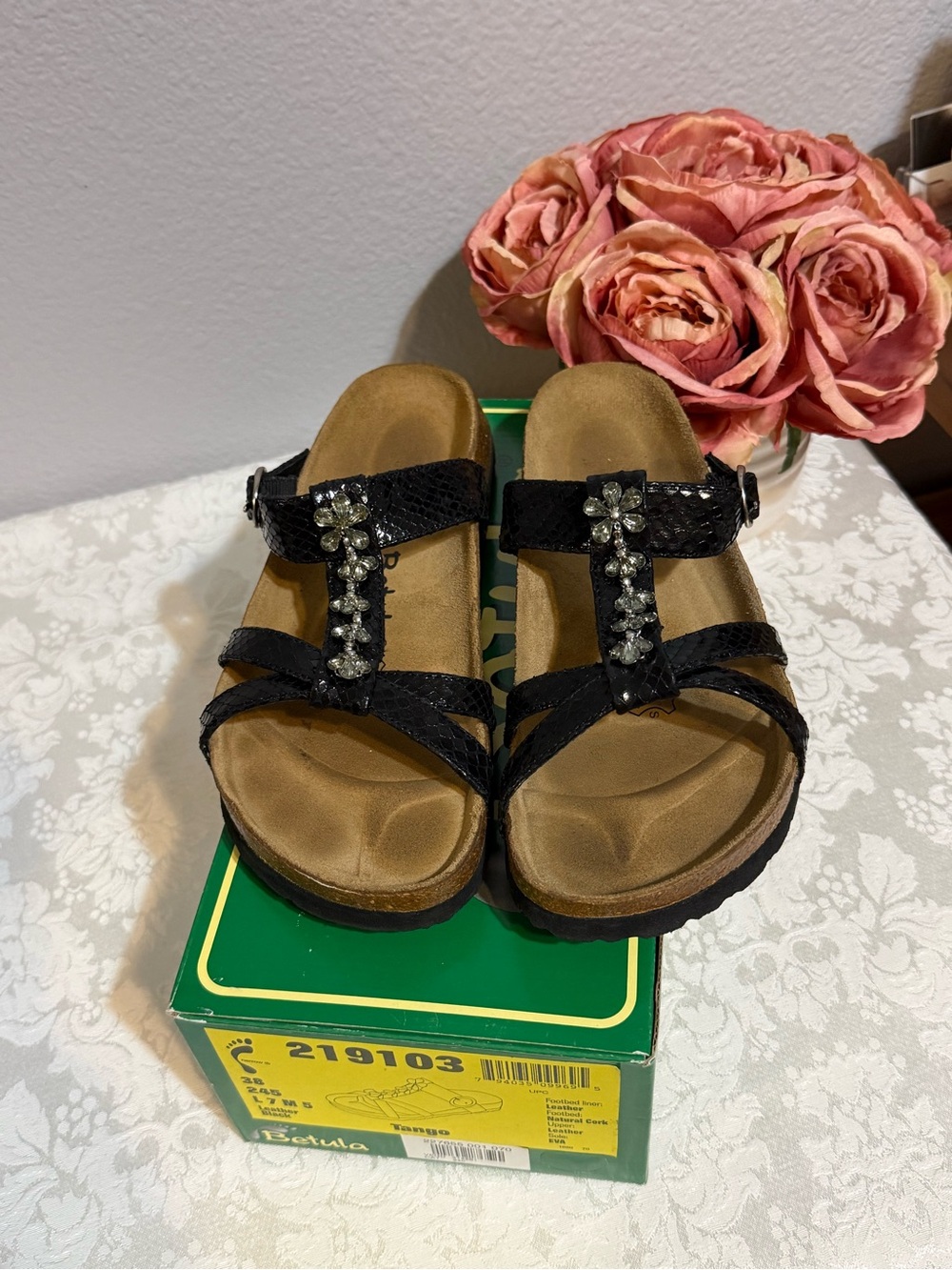 Birkenstock Betula Jewel Rhinestone Tango Black Sandals size 7 Orthotic beach